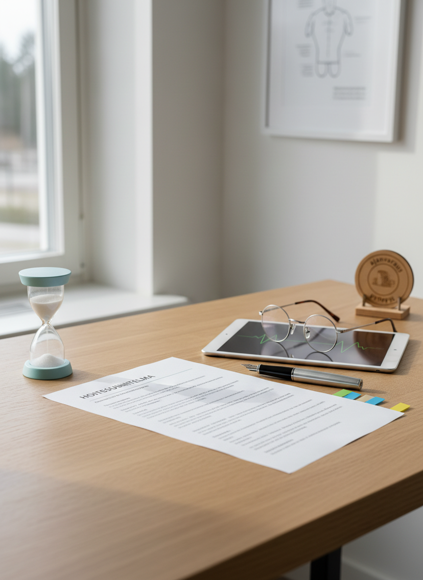 A close-up photographic view of a modern medical desk set up for a geriatric acute-care specialist, captured from a slightly elevated angle. In the center lies a detailed printed care plan in Finnish, its text artistically blurred, with color-coded sticky markers along the edge. Beside it, a silver pen, a tablet displaying a simplified heart-rate graph, and a pair of reading glasses rest on a light oak surface. A subtle, playful element appears as a small, pastel-colored hourglass measuring time. Soft overcast daylight from an unseen window washes the scene, casting gentle, reassuring shadows. The mood is organized and clear, suggesting careful planning and easy contact and booking. The composition follows the rule of thirds, with a clean, minimalist Scandinavian aesthetic that reinforces medical professionalism and trust.