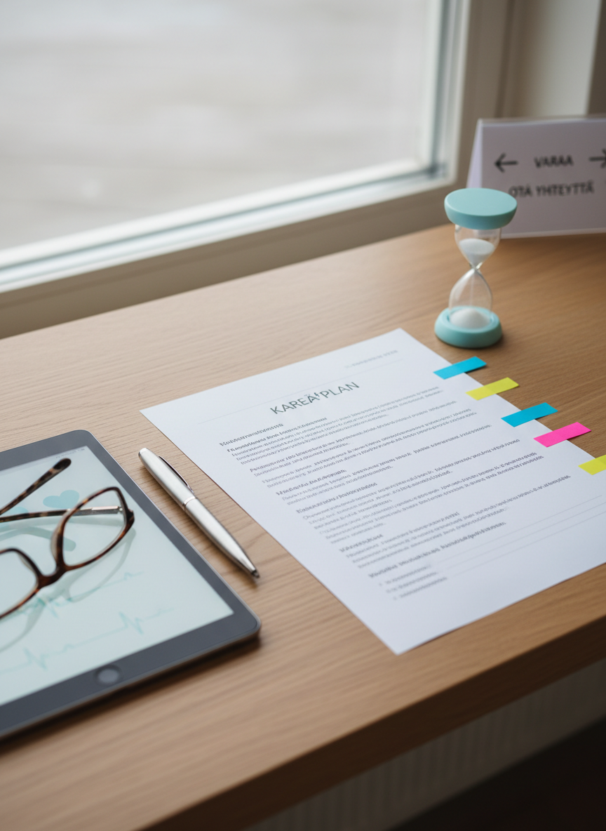 A close-up photographic view of a modern medical desk set up for a geriatric acute-care specialist, captured from a slightly elevated angle. In the center lies a detailed printed care plan in Finnish, its text artistically blurred, with color-coded sticky markers along the edge. Beside it, a silver pen, a tablet displaying a simplified heart-rate graph, and a pair of reading glasses rest on a light oak surface. A subtle, playful element appears as a small, pastel-colored hourglass measuring time. Soft overcast daylight from an unseen window washes the scene, casting gentle, reassuring shadows. The mood is organized and clear, suggesting careful planning and easy contact and booking. The composition follows the rule of thirds, with a clean, minimalist Scandinavian aesthetic that reinforces medical professionalism and trust.