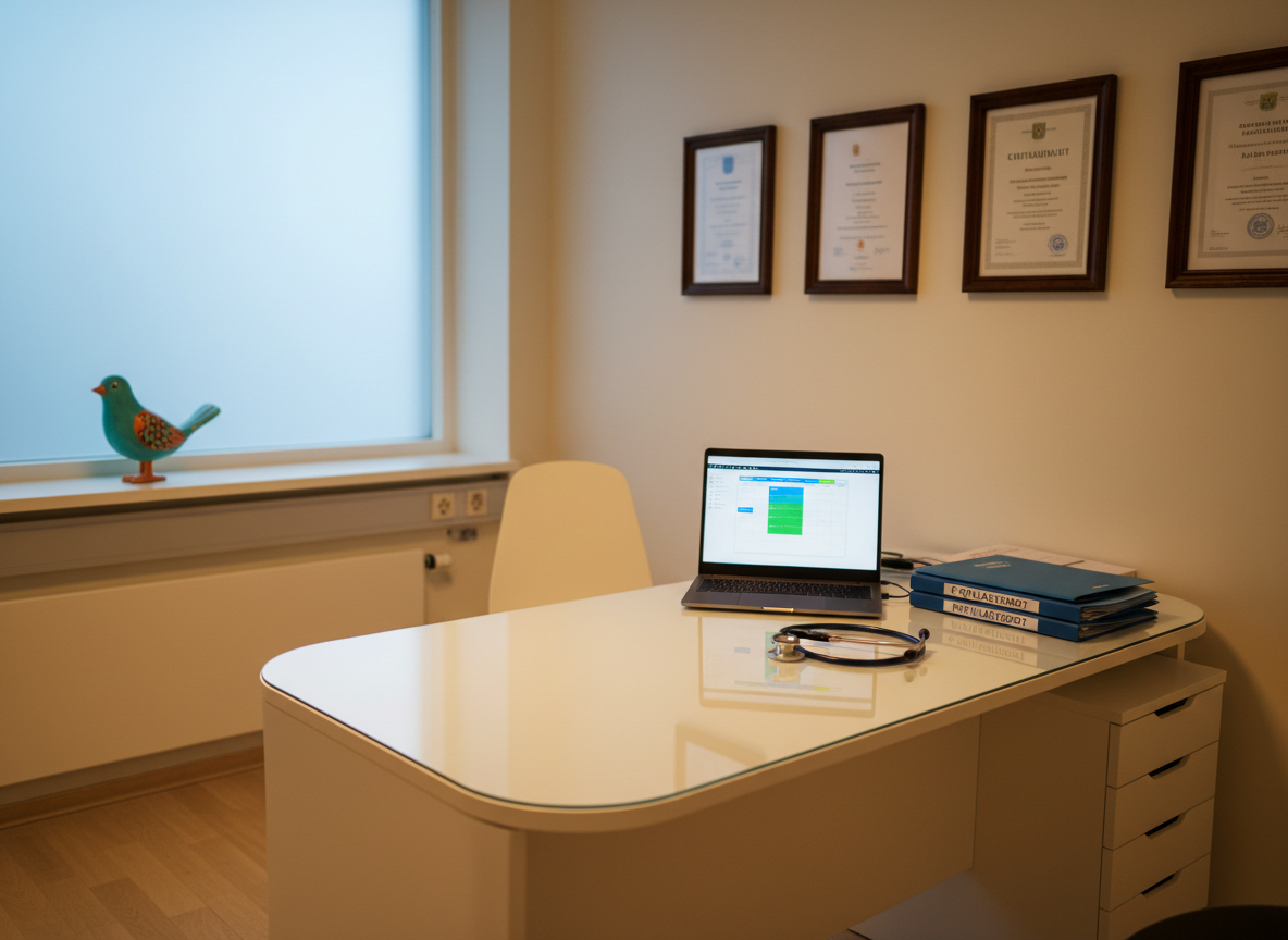 A warmly lit medical consultation room designed for acute and geriatric care, viewed in photographic realism. A neatly organized white examination desk holds a stethoscope, a sleek open laptop displaying a blurred appointment calendar, and a tidy stack of blue patient folders with subtle Finnish labels. On the wall behind, framed medical diplomas and specialist certificates hang in an orderly row, their text intentionally unreadable but clearly official. Soft, cool daylight filters through a large frosted window, creating gentle reflections on the clean surfaces. The mood is calm, trustworthy, and professional with a playful touch from a small, colorful ceramic bird figurine on the shelf. Shot at eye level with a shallow depth of field, the foreground in sharp focus and the background softly blurred to emphasize clarity and credibility.