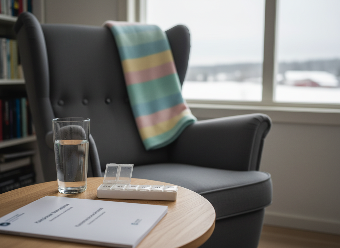 A cozy yet professional photographic scene in a Finnish home environment, illustrating geriatric acute care guidance without showing people. A comfortable, high-backed armchair in soft grey fabric sits near a window, with a folded knitted blanket in cheerful pastel stripes draped over one arm, adding a playful accent. On the small side table nearby rest a glass of water, a pill organizer, and a neatly bound home-care instruction booklet with blurred Finnish text. Outside, an overcast Nordic sky provides diffused natural light, gently illuminating the setting and casting soft shadows. The mood is reassuring, safe, and attentive to elderly needs. Captured from a slightly elevated, three-quarter angle with moderate depth of field, the foreground in crisp focus and the background gently softened, reinforcing warmth, reliability, and patient-centered care.
